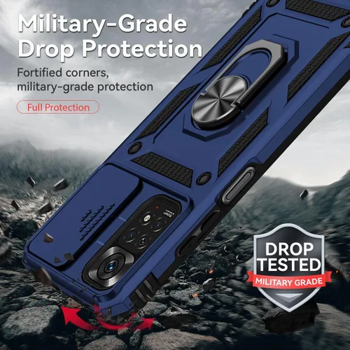 Miniatura 8 de Funda para Redmi Note 11 (4G)/Redmi Note 11S 2201117TY con protector de pantalla de vidrio templado y cubierta de cámara deslizante, anillo Azul