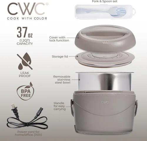 Miniatura 2 de COOK WITH COLOR Fiambrera redonda 40W, calentador de alimentos portátil, capacidad 1.1L, revestimiento de acero inoxidable, cabra/visón