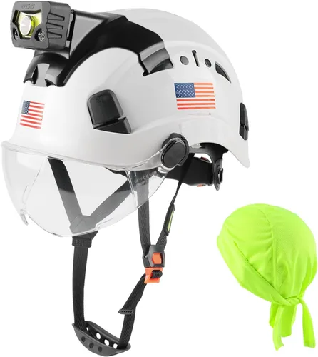 Miniatura 7 de GREEN DEVIL Casco de seguridad con luz recargable para faros delanteros y forro para casco, correa para barbilla, para hombre, ventilada, para Negro