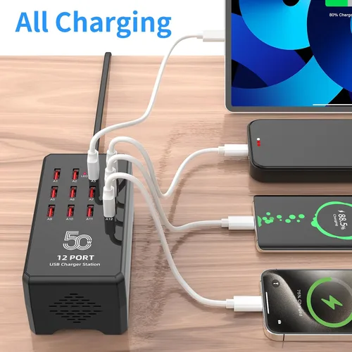Miniatura 2 de Estación de carga USB de 50 W y 12 puertos para múltiples dispositivos, concentrador de carga USB portátil compatible con iPhone, Android, tableta