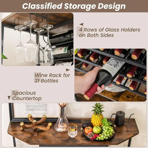 Miniatura 3 de Giantex Armario de bar de vinos con toma de corriente, mini mesa de soporte para barra de café con 21 botelleros y soportes para vidrio, estantes