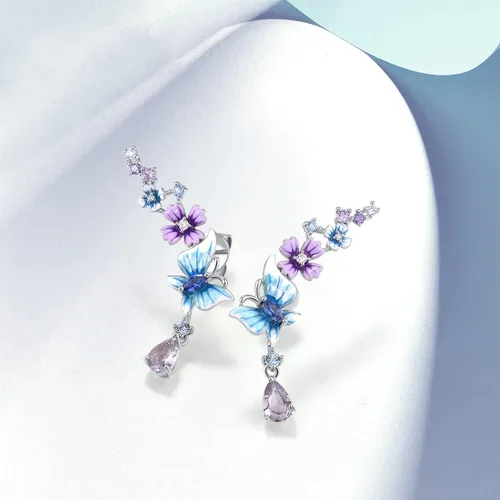 Miniatura 4 de Santuzza Pendientes de plata de ley 925 con flores esmaltadas y gemas