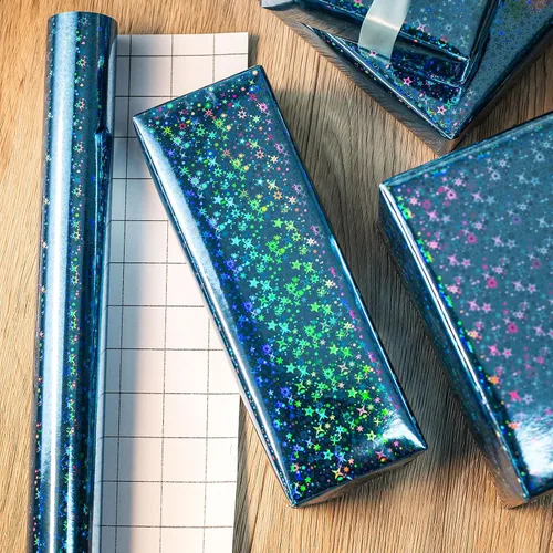 Miniatura 6 de Merture - Rollo de papel de regalo holográfico azul, papel de regalo azul con diseño de galaxia brillante para cumpleaños, baby shower, Navidad, día