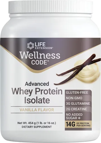 Life Extension Wellness Code Advanced Whey Protein Aislado – Sabor vainilla – Mezcla de proteína en polvo para crecimiento muscular y apoyo a la