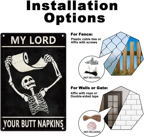 Miniatura 4 de Cartel de metal divertido de esqueleto para decoración de baño, diseño retro con texto en inglés «My Lord Your Buttock» para decoración de pared