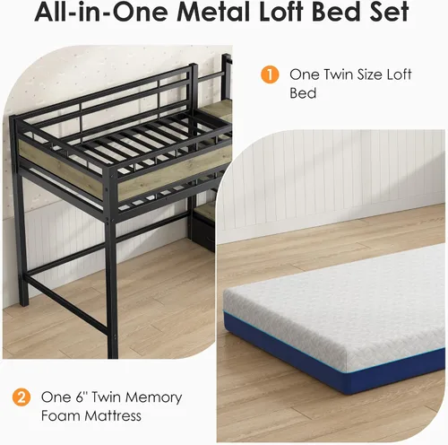 Miniatura 4 de soges Cama loft de tamaño twin con colchón incluido, cama alta todo en uno para niños y adultos, con escaleras y cajones de almacenamiento, base
