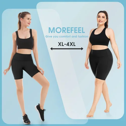 Miniatura 24 de MOREFEEL Pantalones cortos de ciclismo de talla grande de 8 pulgadas con bolsillos para mujer, cintura alta, control de abdomen, pantalones cortos