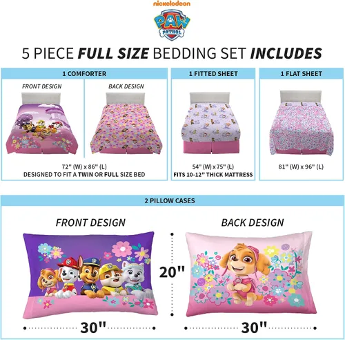 Miniatura 4 de Franco Ropa de cama súper suave para niños, juego de edredón y sábanas, 5 piezas, tamaño completo, Paw Patrol Girls