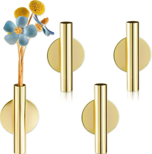 Jetec 3 jarrones de pared de metal dorado para colgar en la pared, macetas para flores, tubo colgante bohemio para exhibir decoración del hogar,