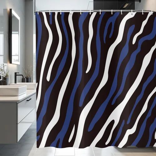 Miniatura 29 de deFouliao Cortina de ducha negra abstracta moderna a rayas, arte de mármol ondulado para baño, decoración del hogar, hotel de lujo, tela impermeable
