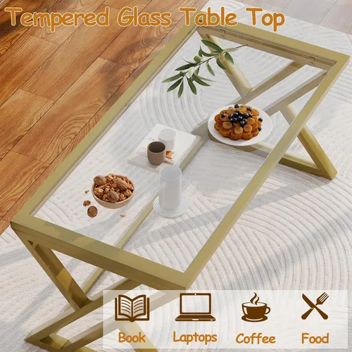 Miniatura 8 de Wolawu Mesa de Centro de Cristal Dorado Mesa de Centro de Cristal para Sala de Estar, Mesa Central Rectangular Moderna con Marco de Metal dorado