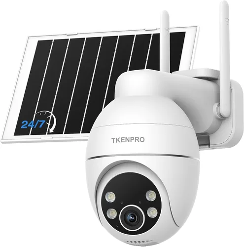 TKENPRO Cámaras de seguridad solares inalámbricas para exteriores, Wi-Fi de 2.4 GHz, grabación continua 24/7, seguimiento automático humano, cámara