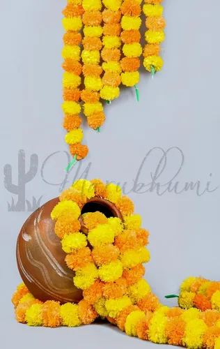 Miniatura 7 de Tira de flores artificiales Marubhumi, 5 unidades de 4,5 pies de largo, flores de caléndulas, guirnalda para decoración Diwali, decoración Amarillo