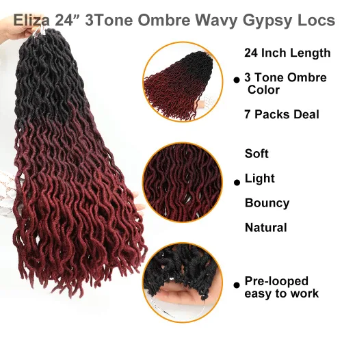 Miniatura 2 de Eliza Rastas Gitanas Onduladas de 24 Pulgadas Cabello de Ganchillo Ombré 7 Paquetes Rastas de Diosa Rastas Falsas Cabello de Ganchillo Raíces