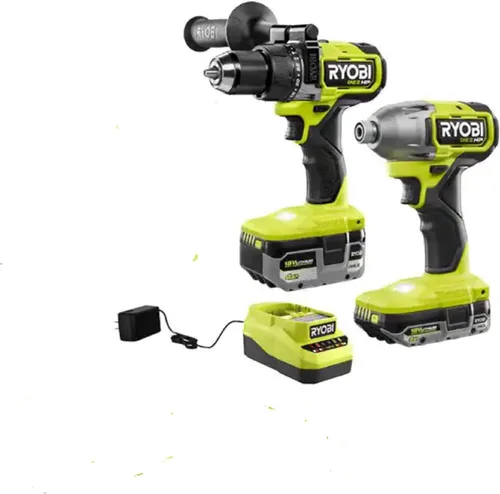 RYOBI ONE+ HP PBLCK02K - Taladro martillo inalámbrico de 18 V sin escobillas de 1/2 pulgada y kit de destornillador de impacto de 4 modos de 1/4