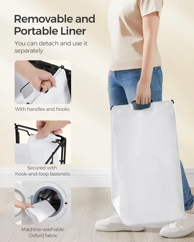 Miniatura 4 de SONGMICS Cesta de lavandería de 90 litros con tapa, cesta de ropa con ruedas, bolsa de forro extraíble plegable, clasificador de ropa hecho