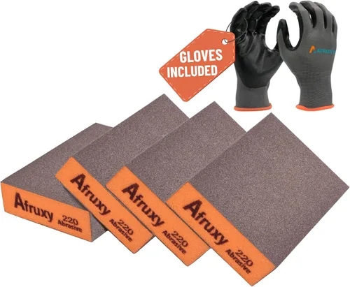 Miniatura 9 de Esponja de lijado, grano 60/80/120/220, paquete de 4 con guantes protectores, bloque de lijado de grano medio fino grueso, bloques de lijado secos