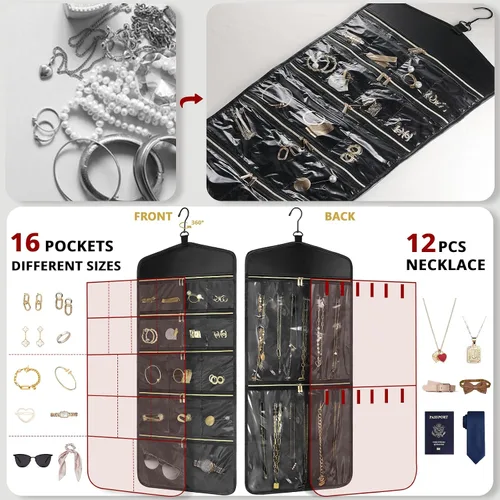 Miniatura 2 de CHICECO Organizador Soporte de Joyas de Viaje, Organizador de Joyas Colgante de Almacenamiento Con Bolsillos con Cremallera para Armario, Pared