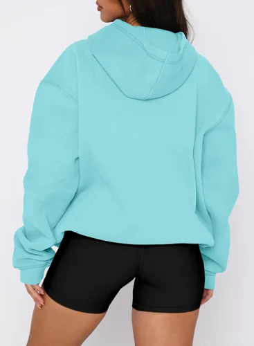 Miniatura 12 de onlypuff Sudadera casual con capucha para mujer, de manga larga, con bolsillo de canguro, hombro caído