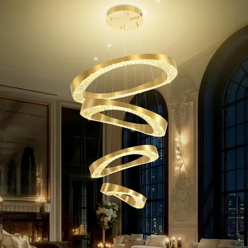 Miniatura 10 de Flashing God Lámpara de Araña Grande para Techo Alto, Lámpara de Araña de Cristal Moderna de 5 Anillos para Entrada, Accesorios de Iluminación