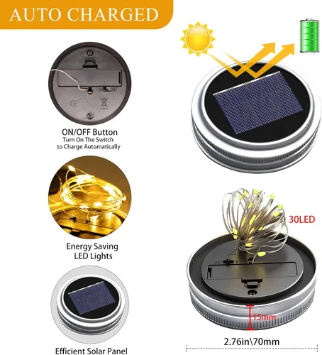Miniatura 2 de Luces solares en tarro de masón para exteriores, paquete de 12 30 luces LED de luciérnaga, tapas solares para exteriores impermeables con ganchos