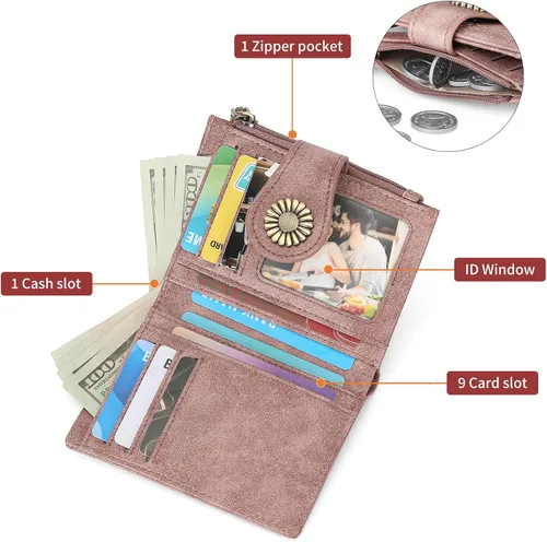 Miniatura 3 de SENDEFN - Carteras pequeñas para mujer, cartera plegable con bloqueo RFID, portatarjetas de cuero, monedero compacto con bolsillo para monedas