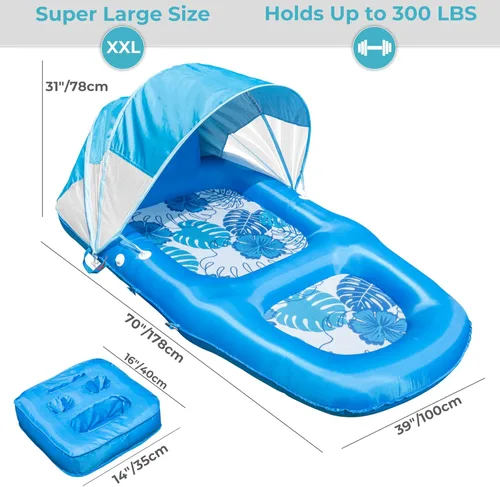 Miniatura 3 de Fabric Covered Inflatable Pool Lounger Float Adult, 70"x39" Extra Large Pool Float w/ UPF50+ Sunshade Canopy & Cupholder Caddy, Water Floaties Raft