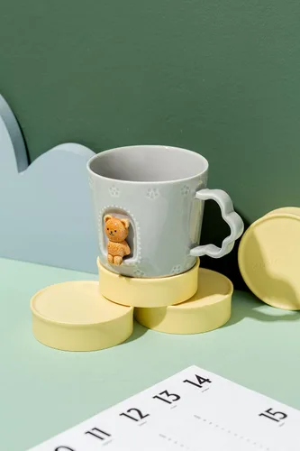 Miniatura 4 de DIHOclub Taza de cerámica con diseño de gato, ventana con animales, figura de cerámica hecha a mano, tazas lindas de dibujos animados, regalo