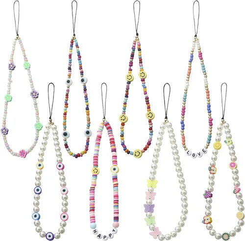Miniatura 14 de 6 dijes con cuentas para teléfono, correas con cuentas de frutas, estrellas, perlas falsas y arcoíris, cadenas de teléfono con cuentas para cámara