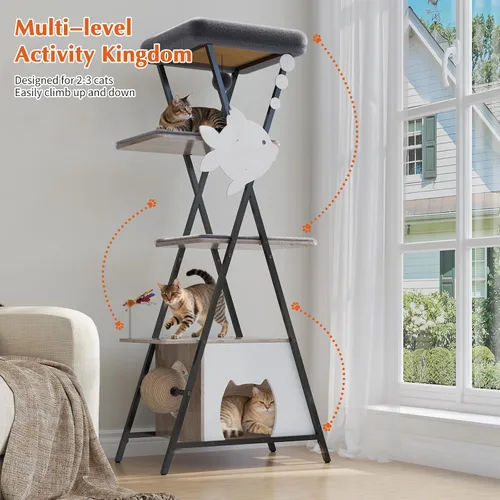 Miniatura 3 de HavenlyYouth Árbol moderno para gatos de interior, torre alta para gatos con condominio, árbol para gatos de varios niveles con cueva, tabla