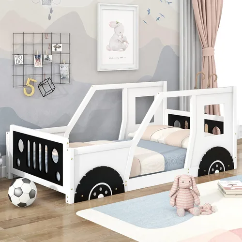 Miniatura 18 de Cama de plataforma en forma de auto de carreras de tamaño individual con ruedas y almacenamiento, base de cama de plataforma de madera maciza