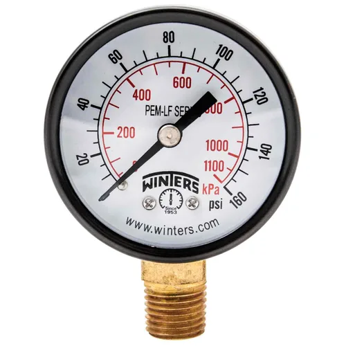 Winters - Medidor de presión en seco de utilidad económica, interior de latón potable, caja de acero, escala doble 0-160 psi/kPa, 3-2-3% de