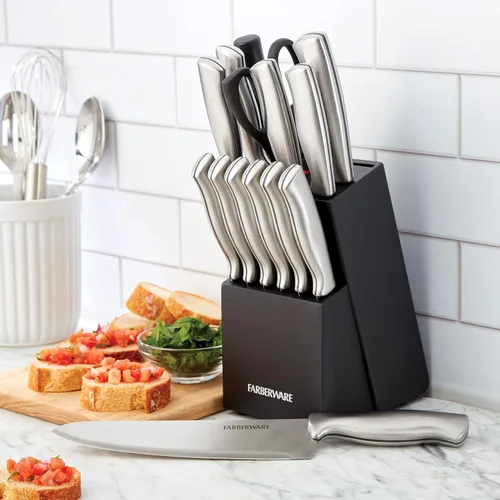 Miniatura 5 de Farberware - Juego de 15 cuchillos de cocina con cuchillas de acero inoxidable de alto carbono, mangos negros, cuchillos para bistec, bloque