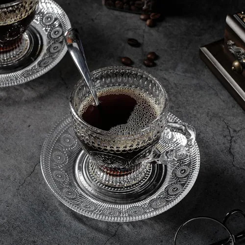 Miniatura 6 de Juego de 6 tazas de té y platillos de vidrio, tazas de café vintage con cuchara de acero inoxidable, aptas para lavavajillas y microondas, para jugo