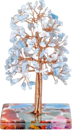 Rockcloud Árbol de cristal curativo natural de aguamarina para oficina en casa, árbol envuelto en cobre, bonsái, Feng Shui, árbol de dinero para