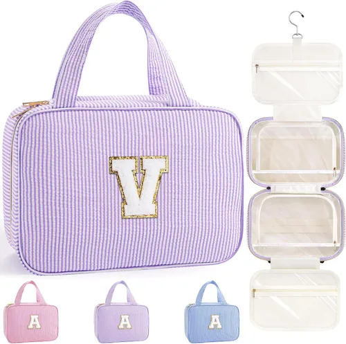 Miniatura 23 de TOPEAST Neceser colgante de viaje, bolsa de aseo personalizada con inicial, regalos de cumpleaños para mamá, hija, hermana, amigas, artículos Púrpura