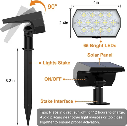 Miniatura 6 de WELALO Focos solares para exteriores, [2 unidades/65 LED/3 modos] focos solares de paisaje, luces de seguridad alimentadas por energía solar, luces