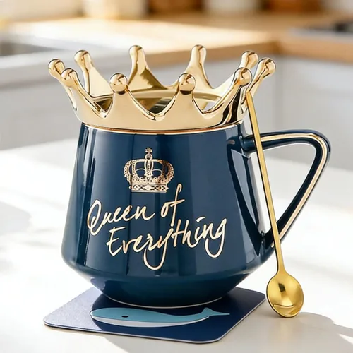 Miniatura 11 de Arawat Queen of Everything - Taza con tapa, taza negra dulce con corona de café, taza de 12 onzas, regalo con cuchara y posavasos, taza de té
