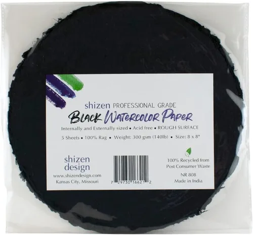 Shizen Design, Papel de acuarela, negro, prensa en frío, círculo de 8 pulgadas, paquete de 5 hojas, NR 808