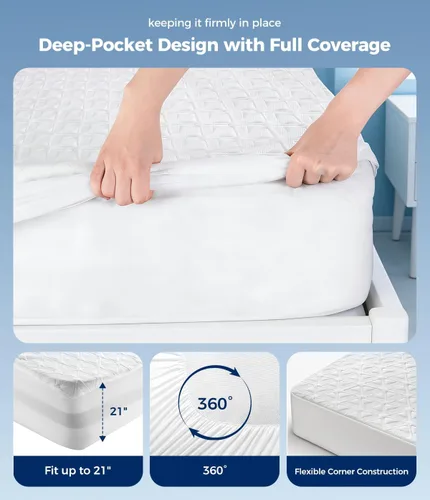 Miniatura 4 de Protector de colchón impermeable tamaño individual, suave y transpirable con bolsillo profundo de 8 a 21 pulgadas, funda de colchón refrescante