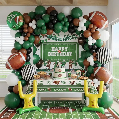 Miniatura 8 de Globos de fútbol verde oscuro, marrón y negro, globos con pancarta, colgante, remolino, poste de meta, globos de fútbol para deportes, cumpleaños