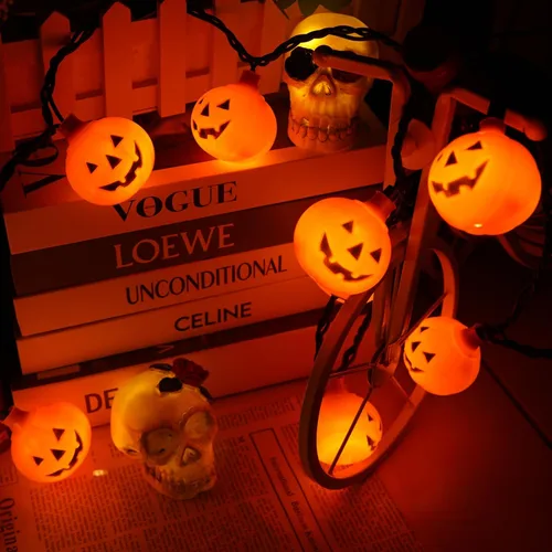 Miniatura 8 de Couah Guirnalda de luces LED de calabaza de Halloween, luces de linterna Jack O de 8.5 pies con 10 calabazas enchufables, impermeables