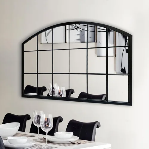 Miniatura 6 de WAMIRRO Espejo de pared de rejilla negra, espejo de ventana ancha negro, espejo de pared arqueado de granja, espejo de repisa para chimenea, Black-2