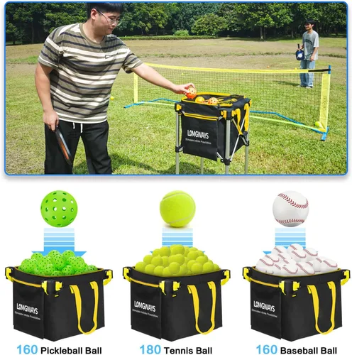 Miniatura 6 de Pickleball Tennis Ball Hopper-Foldable Lightweight Tennis Cart Holds 180 Tennis/160 Pickleballs with Removable Bag,Wheels,Side Pocket for