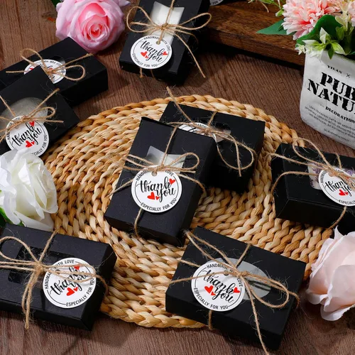 Miniatura 3 de Kosiz Paquete de 100 cajas de jabón Kraft con ventanas transparentes, 4 diseños de ventanas, kit de recuerdos de fiesta con etiquetas y cuerda, Negro