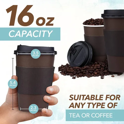 Miniatura 2 de Promora Tazas de café café desechables de 16 onzas con tapas y mangas, tazas de papel prémium (paquete de 100)