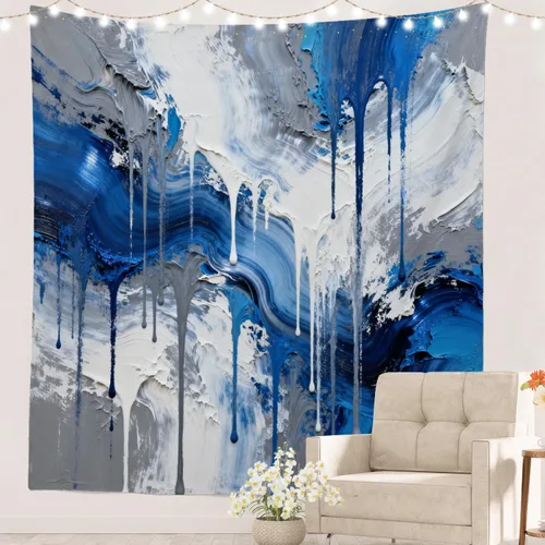 Miniatura 59 de Batmerry Tapiz azul y blanco, tapiz abstracto de pintura azul, negro, gris y blanco, para sala de estar, dormitorio, pared, decorativo, 51.2 x 59.1
