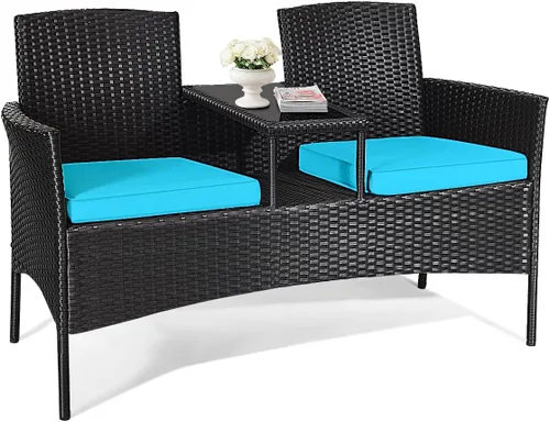Miniatura 10 de LDAILY Juego de conversación para patio, sofá biplaza de ratán moderno, juego de muebles para exteriores con cojines y mesa extraíbles, juego de Rojo