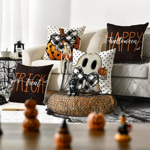 Miniatura 2 de AVOIN colorlife Happy Halloween - Juego de 4 fundas de almohada de 16 x 16 pulgadas, con diseño de fantasmas, diseño de murciélagos y calabaza