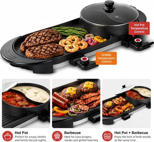 Miniatura 3 de SEAAN Olla caliente con parrilla, parrilla eléctrica para interiores, Shabu Shabu Shabu Pot coreana sin humo, doble temperatura contral, capacidad
